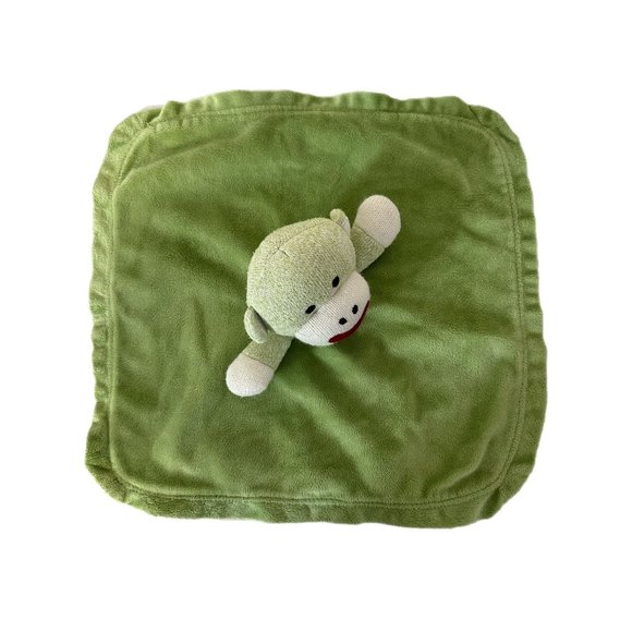 Magic Years Green Sock Monkey Rattle Lovey Security Blanket Satin Back Plush - Picture 2 of 5